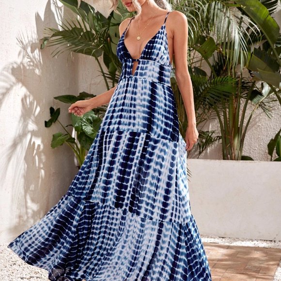 Blue Boho Womens Ruffle Hem Tie Dye Cami Dress - Picture 3 of 5